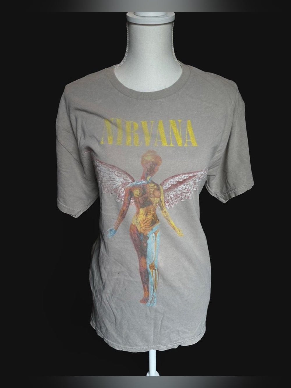NIRVANA Taupe Tee with Yellow Logo and Multicolor Angel Graphic